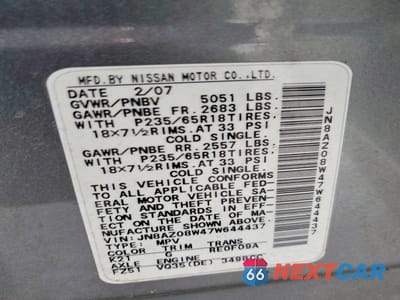 Zdjęcie 14 z 14 samochodu: 2007 NISSAN MURANO S VIN:JN8AZ08W47W644437 - miniatura