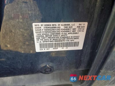 Zdjęcie 12 z 12 samochodu: 2011 HONDA PILOT EXL VIN:5FNYF4H51BB085878 - miniatura