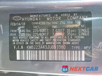 Zdjęcie 13 z 13 samochodu: 2018 HYUNDAI TUCSON SE VIN:KM8J23A43JU691080 - miniatura