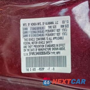 Zdjęcie 13 z 13 samochodu: 2013 HONDA ODYSSEY EXL VIN:5FNRL5H69DB064954 - miniatura