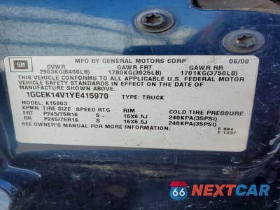 Zdjęcie 12 z 13 samochodu: 2000 CHEVROLET SILVERADO K1500 VIN:1GCEK14V1YE415970 - miniatura