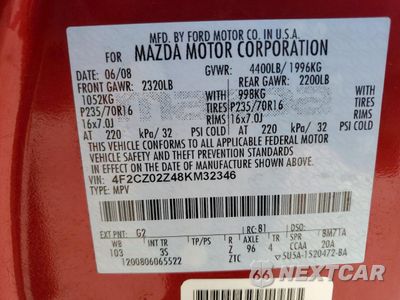 Zdjęcie 13 z 13 samochodu: 2008 MAZDA TRIBUTE I VIN:4F2CZ02Z48KM32346 - miniatura