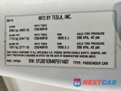 Zdjęcie 12 z 12 samochodu: 2019 TESLA MODEL 3 VIN:5YJ3E1EB4KF511407 - miniatura
