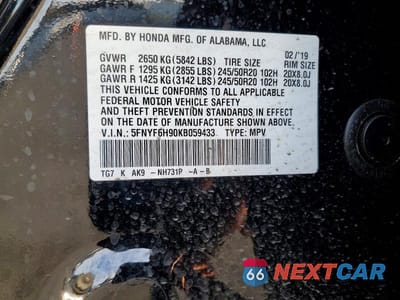 Zdjęcie 13 z 13 samochodu: 2019 HONDA PILOT TOURING VIN:5FNYF6H90KB059433 - miniatura