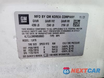 Zdjęcie 12 z 13 samochodu: 2022 CHEVROLET TRAX 1LT VIN:KL7CJLSM0NB508683 - miniatura