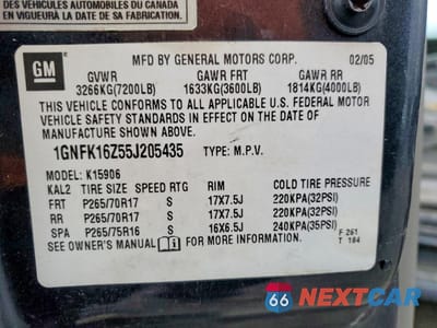 Zdjęcie 13 z 13 samochodu: 2005 CHEVROLET SUBURBAN K1500 VIN:1GNFK16Z55J205435 - miniatura