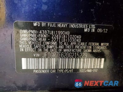 Zdjęcie 12 z 12 samochodu: 2013 SUBARU IMPREZA WRX VIN:JF1GR7E62DG215229 - miniatura