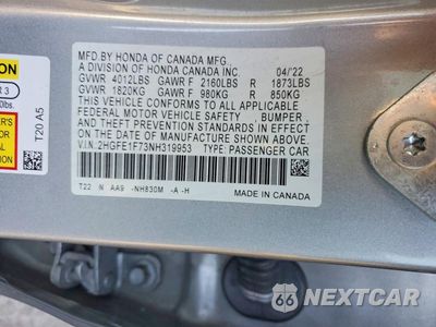 Zdjęcie 13 z 13 samochodu: 2022 HONDA CIVIC EX VIN:2HGFE1F73NH319953 - miniatura