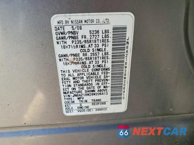 Zdjęcie 13 z 13 samochodu: 2009 NISSAN MURANO S VIN:JN8AZ18W29W206413 - miniatura