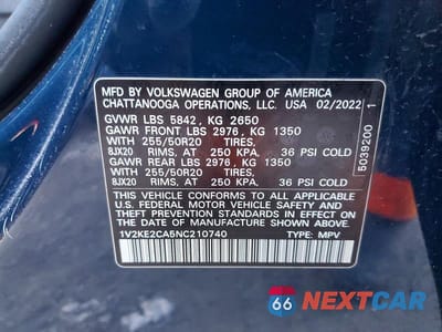 Zdjęcie 12 z 12 samochodu: 2022 VOLKSWAGEN ATLAS CROSS SPORT 3.6L V6 SE W/TEC VIN:1V2KE2CA5NC210740 - miniatura