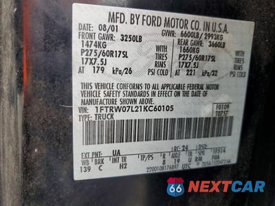 Zdjęcie 12 z 12 samochodu: 2001 FORD F150 SUPERCREW VIN:1FTRW07L21KC60105 - miniatura