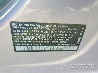 Zdjęcie 12 z 12 samochodu: 2013 VOLKSWAGEN PASSAT SEL VIN:1VWCH7A34DC046522 - miniatura