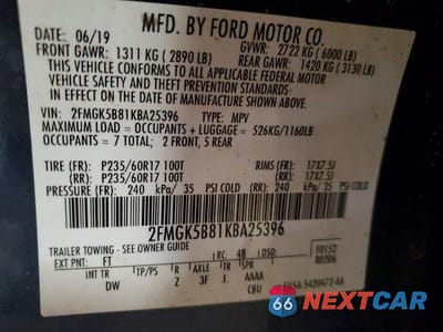 Zdjęcie 13 z 13 samochodu: 2019 FORD FLEX SE VIN:2FMGK5B81KBA25396 - miniatura