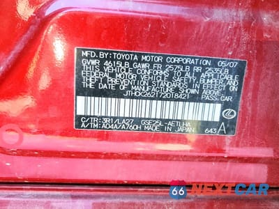 Zdjęcie 12 z 12 samochodu: 2007 LEXUS IS 250 VIN:JTHCK262172018421 - miniatura