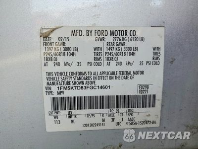 Zdjęcie 14 z 15 samochodu: 2015 FORD EXPLORER XLT VIN:1FM5K7D83FGC14601 - miniatura