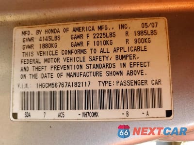Zdjęcie 12 z 12 samochodu: 2007 HONDA ACCORD EX VIN:1HGCM56767A182117 - miniatura