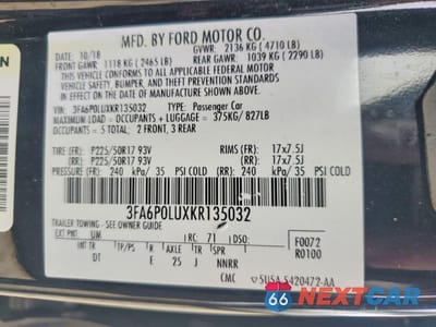 Zdjęcie 13 z 13 samochodu: 2019 FORD FUSION SE VIN:3FA6P0LUXKR135032 - miniatura