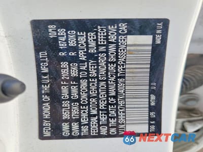 Zdjęcie 13 z 13 samochodu: 2019 HONDA CIVIC SPORT TOURING VIN:SHHFK7H97KU400916 - miniatura
