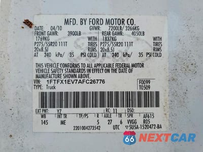 Zdjęcie 12 z 12 samochodu: 2010 FORD F150 SUPER CAB VIN:1FTFX1EV7AFC26776 - miniatura