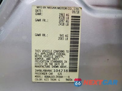 Zdjęcie 12 z 12 samochodu: 2019 NISSAN ALTIMA S VIN:1N4BL4BV4KC104238 - miniatura