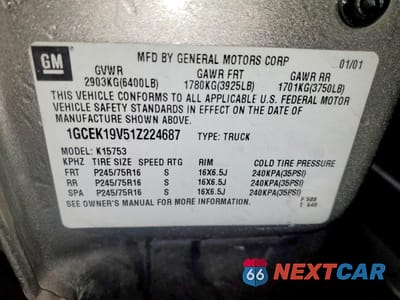 Zdjęcie 12 z 13 samochodu: 2001 CHEVROLET SILVERADO K1500 VIN:1GCEK19V51Z224687 - miniatura