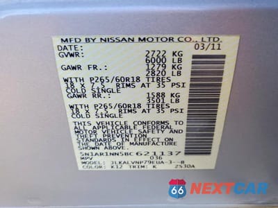 Zdjęcie 12 z 12 samochodu: 2011 NISSAN PATHFINDER S VIN:5N1AR1NN5BC621137 - miniatura