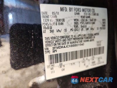 Zdjęcie 12 z 12 samochodu: 2011 FORD EDGE SEL VIN:2FMDK4JCXBBB31543 - miniatura