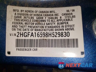 Zdjęcie 12 z 12 samochodu: 2008 HONDA CIVIC LX VIN:2HGFA16598H529830 - miniatura