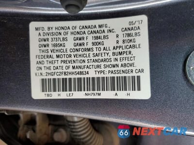 Zdjęcie 12 z 12 samochodu: 2017 HONDA CIVIC EX VIN:2HGFC2F82HH548634 - miniatura