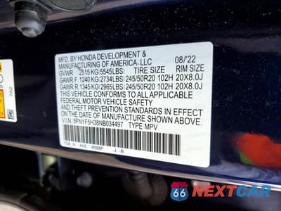 Zdjęcie 12 z 12 samochodu: 2022 HONDA PILOT SPORT VIN:5FNYF5H38NB034497 - miniatura