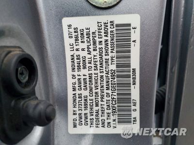 Zdjęcie 12 z 12 samochodu: 2016 HONDA CIVIC EX VIN:19XFC2F71GE074952 - miniatura