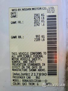 Zdjęcie 12 z 12 samochodu: 2012 NISSAN ALTIMA BASE VIN:1N4AL2AP8CC217890 - miniatura