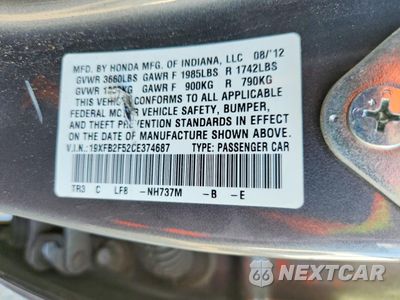 Zdjęcie 13 z 13 samochodu: 2012 HONDA CIVIC LX VIN:19XFB2F52CE374687 - miniatura