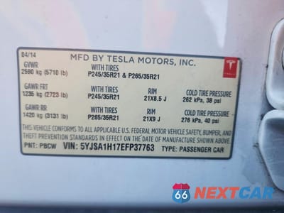 Zdjęcie 12 z 12 samochodu: 2014 TESLA MODEL S VIN:5YJSA1H17EFP37763 - miniatura