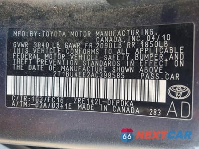 Zdjęcie 12 z 12 samochodu: 2010 TOYOTA COROLLA BASE VIN:2T1BU4EE2AC398585 - miniatura