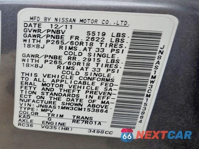 Zdjęcie 13 z 13 samochodu: 2012 INFINITI FX35 VIN:JN8AS1MW3CM153864 - miniatura