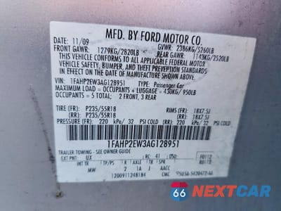 Zdjęcie 12 z 13 samochodu: 2010 FORD TAURUS SEL VIN:1FAHP2EW3AG128951 - miniatura