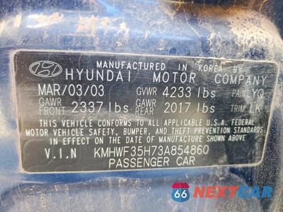 Zdjęcie 12 z 12 samochodu: 2003 HYUNDAI SONATA GLS VIN:KMHWF35H73A854860 - miniatura
