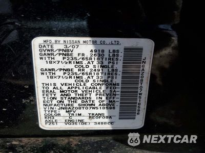 Zdjęcie 25 z 26 samochodu: 2007 NISSAN MURANO SL VIN:JN8AZ08T07W518596 - miniatura