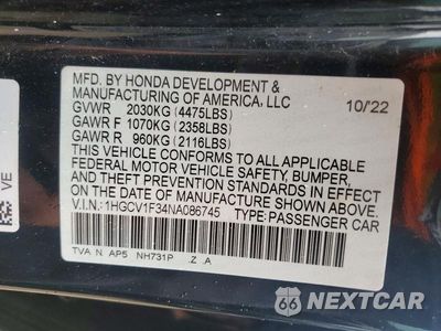 Zdjęcie 12 z 12 samochodu: 2022 HONDA ACCORD SPORT VIN:1HGCV1F34NA086745 - miniatura