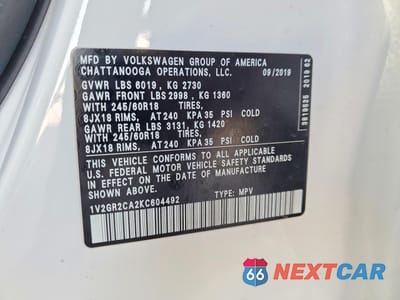Zdjęcie 13 z 14 samochodu: 2019 VOLKSWAGEN ATLAS S VIN:1V2GR2CA2KC604492 - miniatura