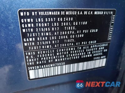 Zdjęcie 14 z 14 samochodu: 2019 VOLKSWAGEN TIGUAN SE VIN:3VV2B7AX8KM079930 - miniatura