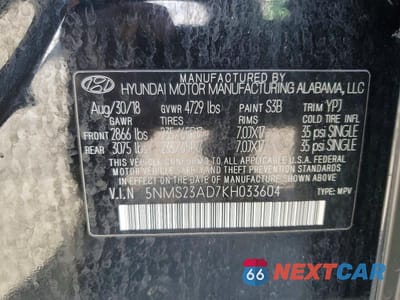 Zdjęcie 13 z 13 samochodu: 2019 HYUNDAI SANTA FE SE VIN:5NMS23AD7KH033604 - miniatura