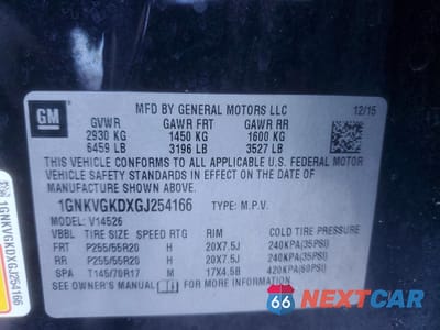 Zdjęcie 14 z 15 samochodu: 2016 CHEVROLET TRAVERSE LT VIN:1GNKVGKDXGJ254166 - miniatura
