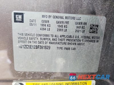 Zdjęcie 12 z 12 samochodu: 2011 CHEVROLET MALIBU 1LT VIN:1G1ZC5E12BF381629 - miniatura