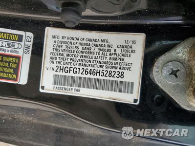 Zdjęcie 12 z 12 samochodu: 2006 HONDA CIVIC LX VIN:2HGFG12646H528238 - miniatura