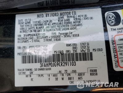 Zdjęcie 12 z 14 samochodu: 2012 FORD FUSION SEL VIN:3FAHP0JG9CR291103 - miniatura