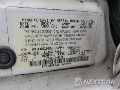 Zdjęcie 12 z 12 samochodu: 2005 NISSAN SENTRA 1.8 VIN:3N1CB51D55L525994 - miniatura