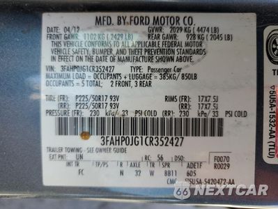 Zdjęcie 12 z 12 samochodu: 2012 FORD FUSION SEL VIN:3FAHP0JG1CR352427 - miniatura
