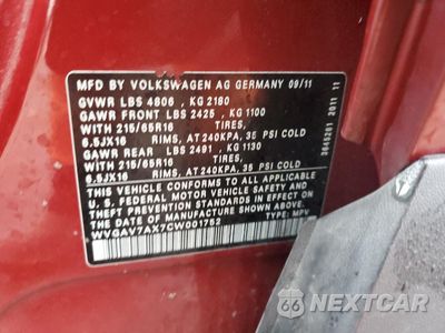 Zdjęcie 13 z 13 samochodu: 2012 VOLKSWAGEN TIGUAN S VIN:WVGAV7AX7CW001752 - miniatura